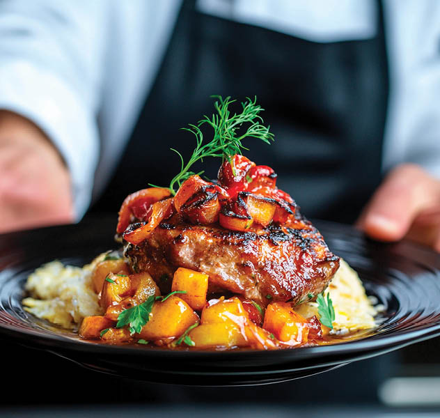 A skilled chef showcases an exquisite dish featuring succulent grilled meat, adorned with a colorful sauce and fresh herbs. The presentation highlights culinary artistry in a modern kitchen setting.