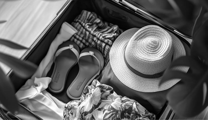 A green suitcase packed with a hat, sandals and clothes with a tropical print, ready for a summer vacation. Tropical leaves complete the scene, suggesting a journey to a warm destination.