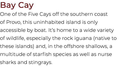 Bay Cay One of the Five Cays off the southern coast of Provo, this uninhabited island is only accessible by boat. It’...