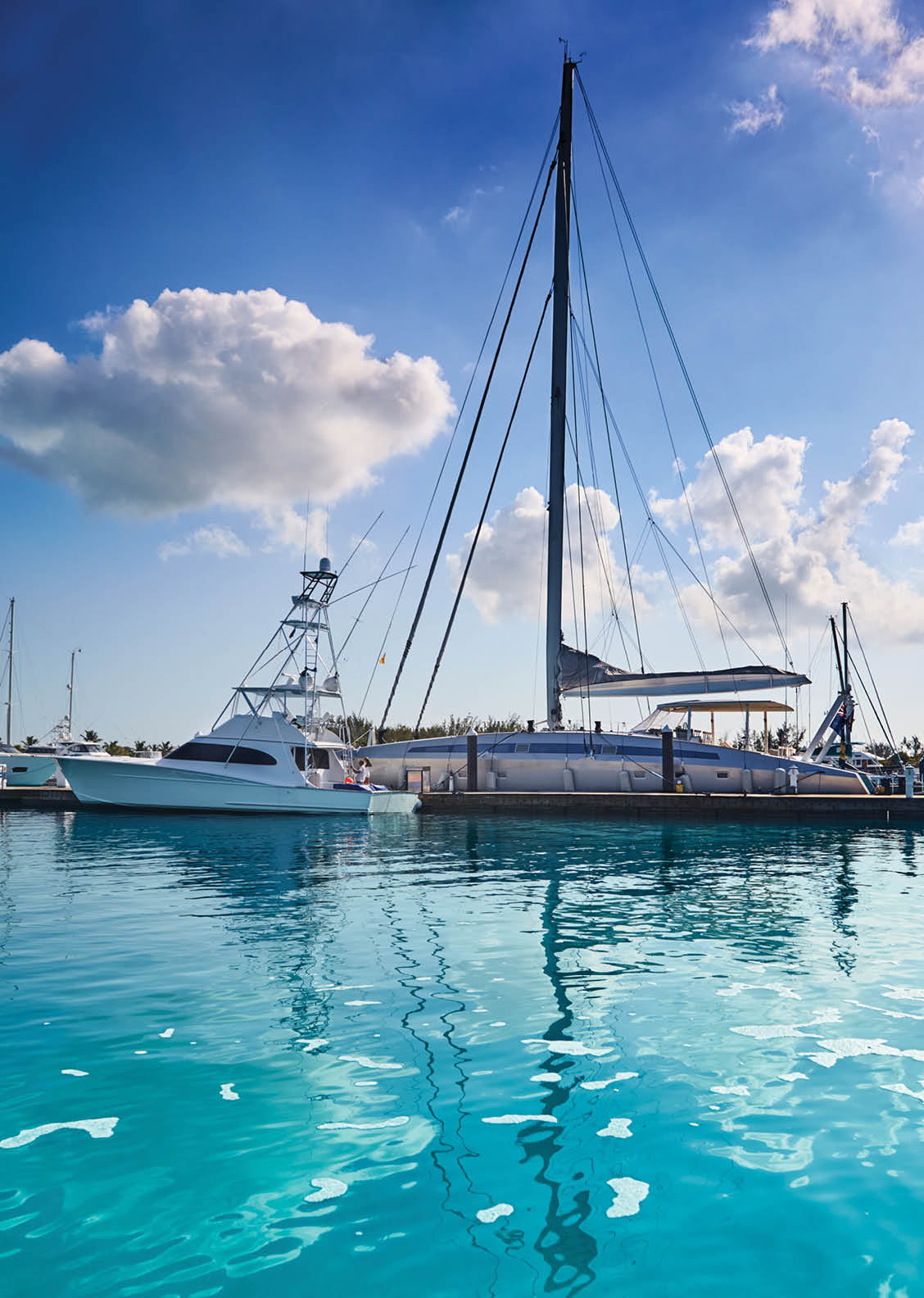 Closeup of docks at Blue Haven Marina from the water, Providenciales, Turks and Caicos 