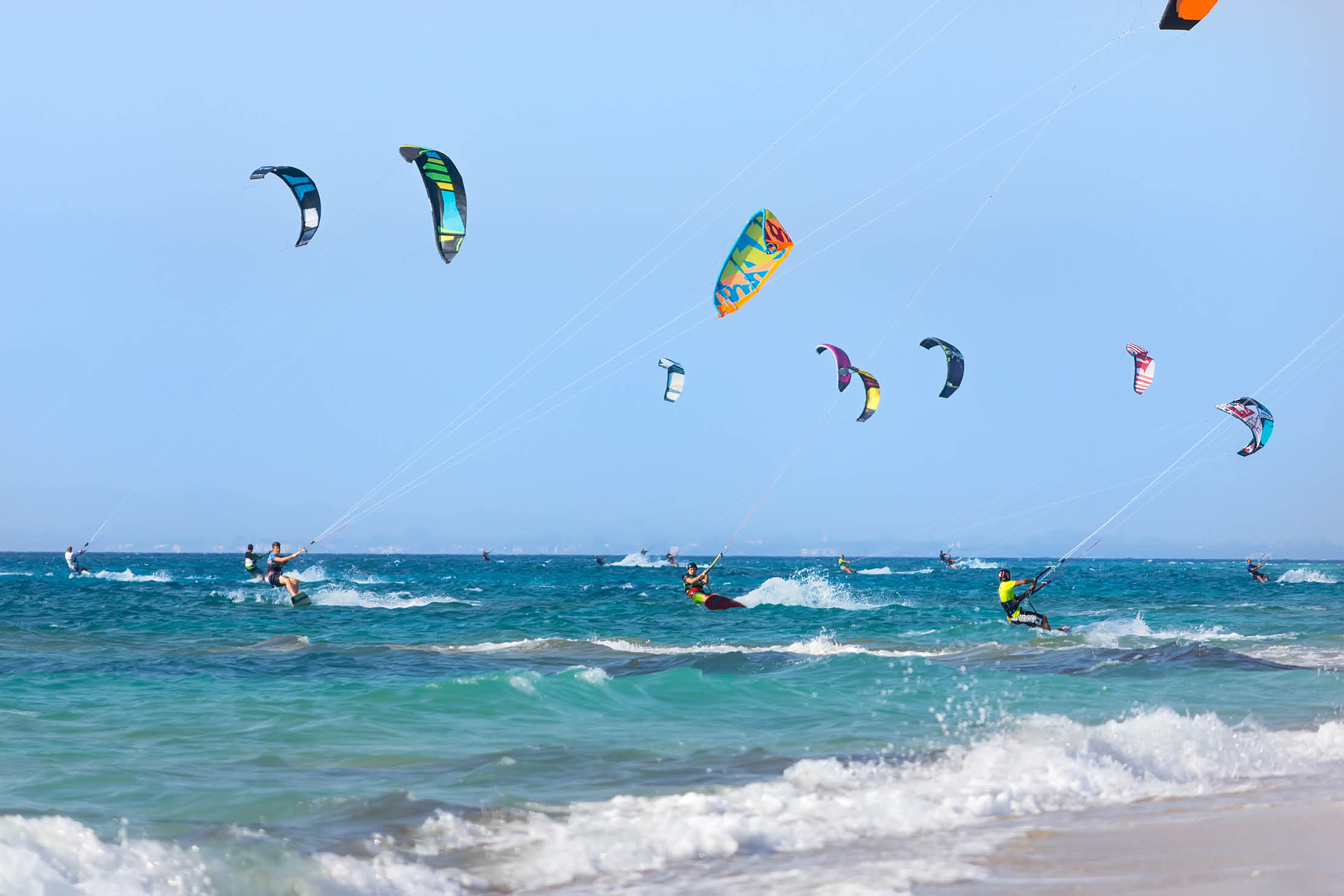 Kitesurfers on the Lefkada island, Greece.