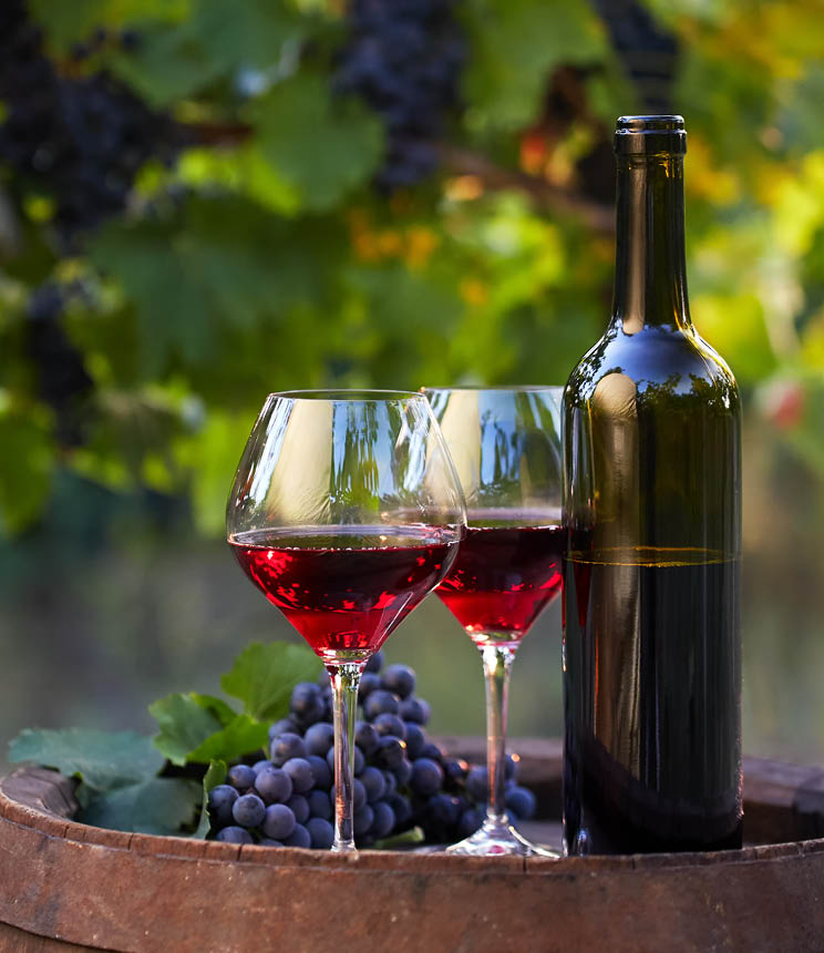 Two glasses of red wine and bottle in the vineyard