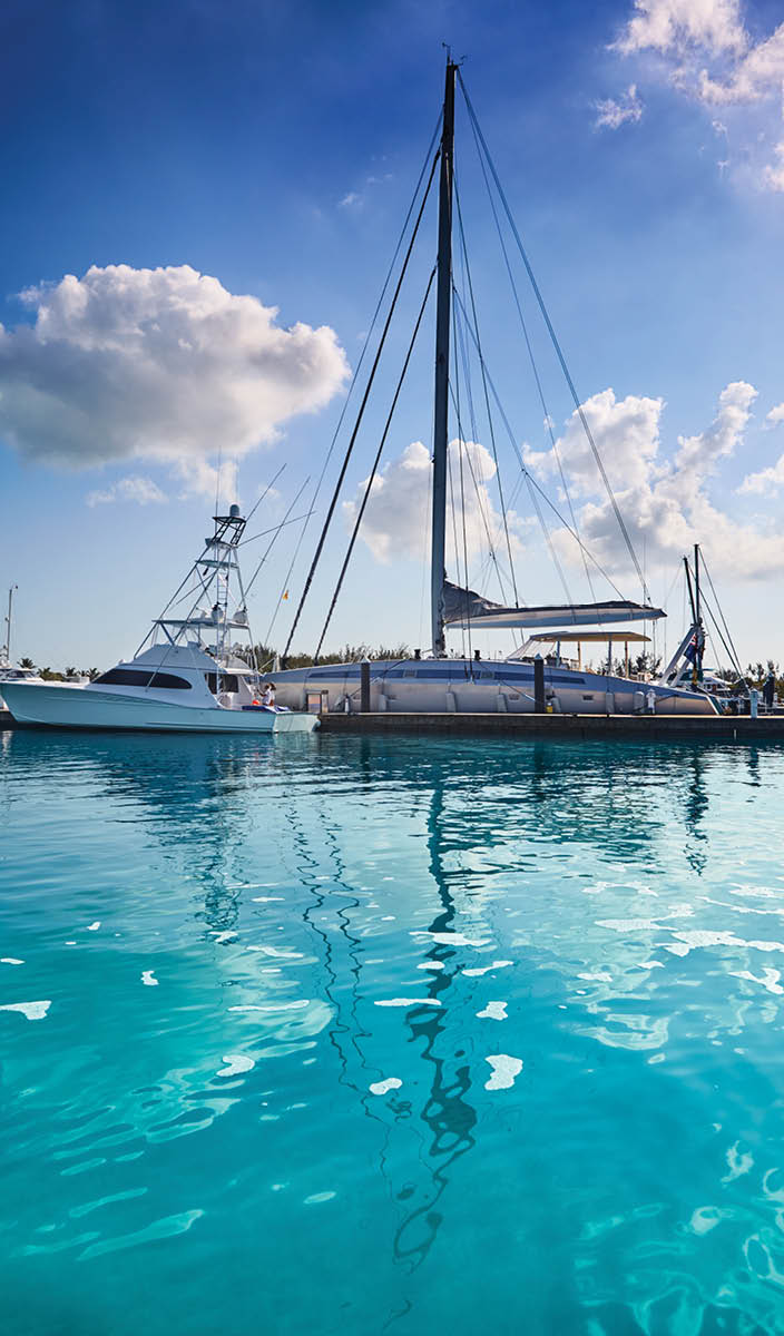 Closeup of docks at Blue Haven Marina from the water, Providenciales, Turks and Caicos 