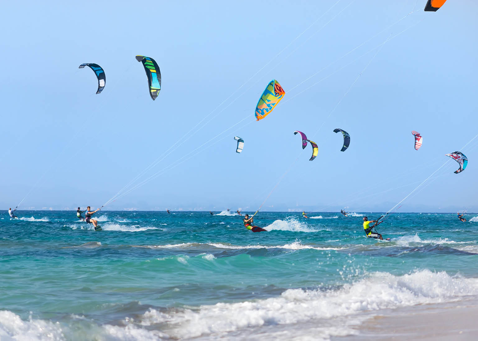 Kitesurfers on the Lefkada island, Greece.