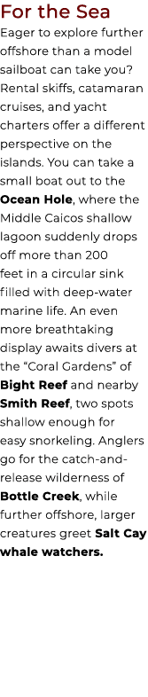 For the Sea Eager to explore further offshore than a model sailboat can take you? Rental skiffs, catamaran cruises, a...