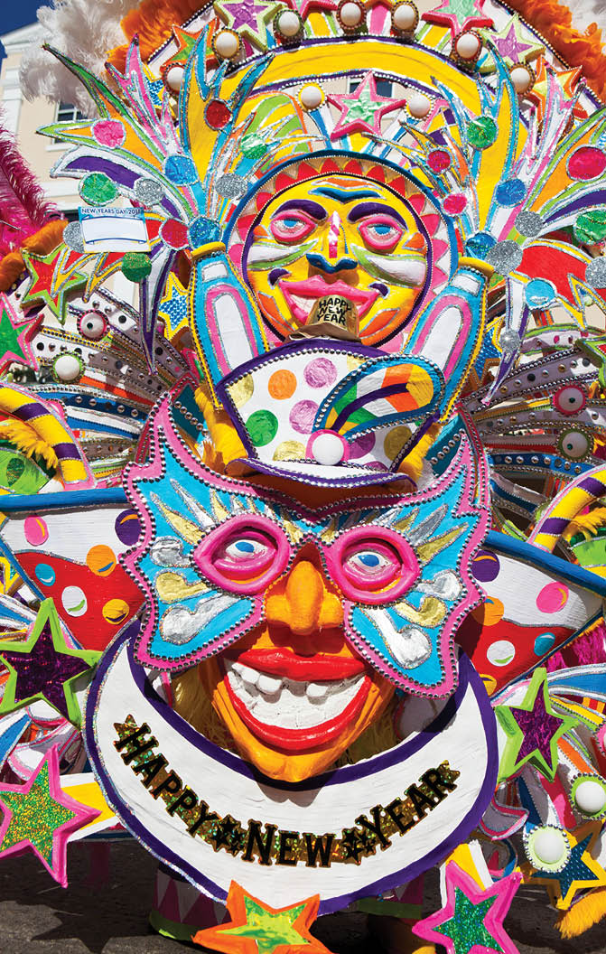 Colorful costumes decorate the streets in Nassau during Junkanoo, a parade on New Years Day