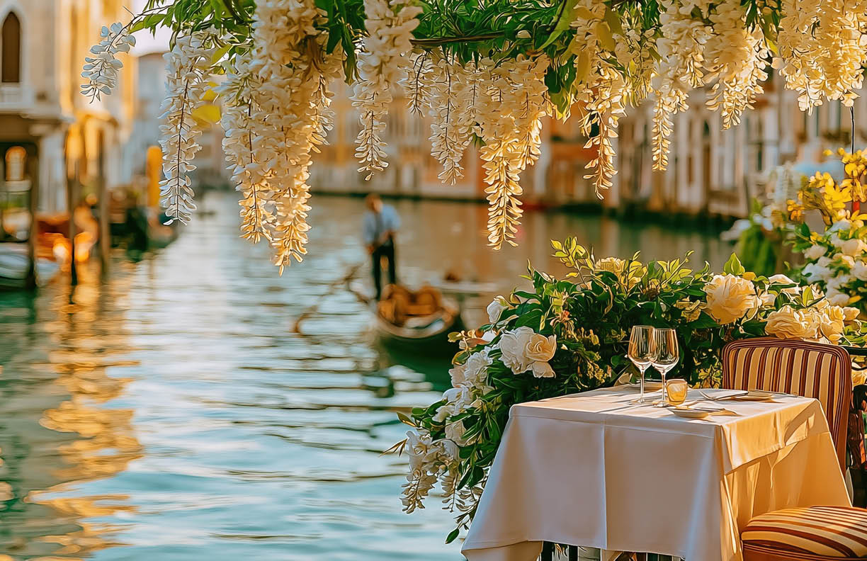 Elegant Venice canal side restaurant terrace at golden hour. Canal occupies left and center of frame. Single refined table in lower right corner, clearly on solid terrace flooring, not over water. Minimalist styling: crisp white tablecloth, only two wine glasses, no plates, no centerpiece clutter. Striped wooden chairs. Lush green plants and cascading white wisteria hanging above. Foreground table and flowers tack sharp with rich detail. Gondola in middle distance, gondolier softly blurred but recognizable. Historic Venetian palazzi across canal strongly out of focus, creamy cinematic bokeh. No accidental foreground blur, no painterly smearing, no distorted buildings, no extra tables near water. Shot on Canon EOS R5, RF 50mm f/1.2L, 50mm, f/2.0, ISO 100, 1/1000s, 5400K daylight white balance, soft golden backlight. Premium editorial travel photography, authentic Venice atmosphere, natural colors, ultra realistic. --ar 16:9 --raw --sref https://s.mj.run/Qf47hINljeA --v 8.1 Job ID: a3903e30-702f-4cfc-bcf7-6a4b12ce1019