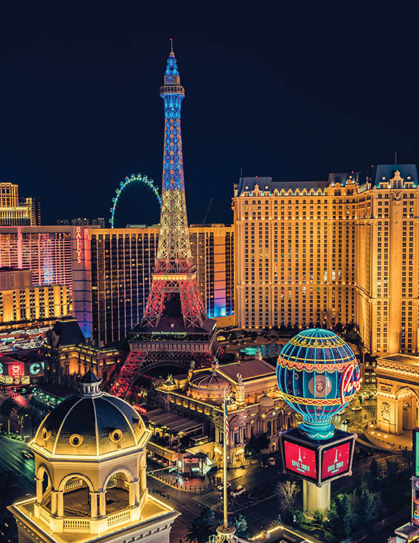LAS VEGAS, USA - CIRCA JANUARY 2021 : Illuminated hotels and casinos by the strip at night, Nevada, USA