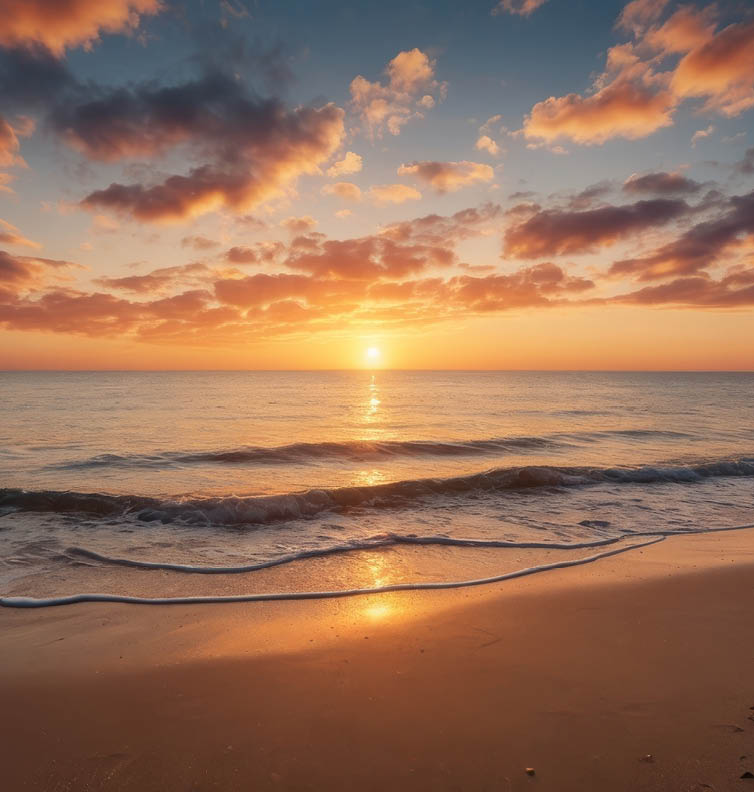 Golden sunset illuminating ocean waves crashing on a sandy beach with a colorful sky