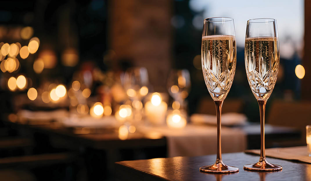 Two crystal champagne flutes on a table at a luxury evening event