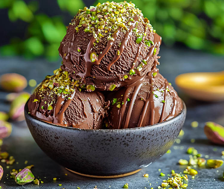 A scoop of chocolate ice cream sprinkled with pistachio nuts. Dubai chocolate ice cream