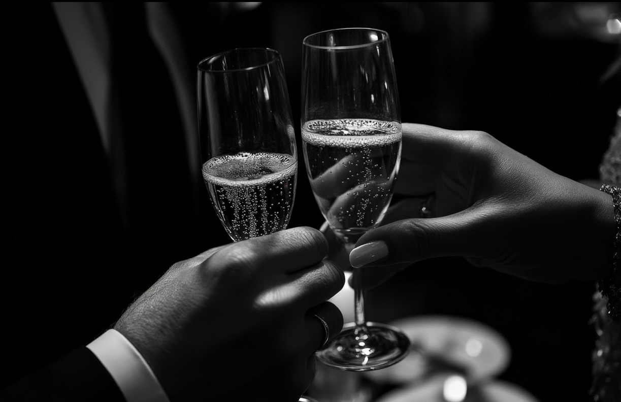 Photography of a bride and groom €™s hands toasting with champagne, with their rings subtly visible. --ar 3:2 --style raw --v 6.1 Job ID: b2d4a0c6-2a54-480d-a6f7-d4bd7cf27a85