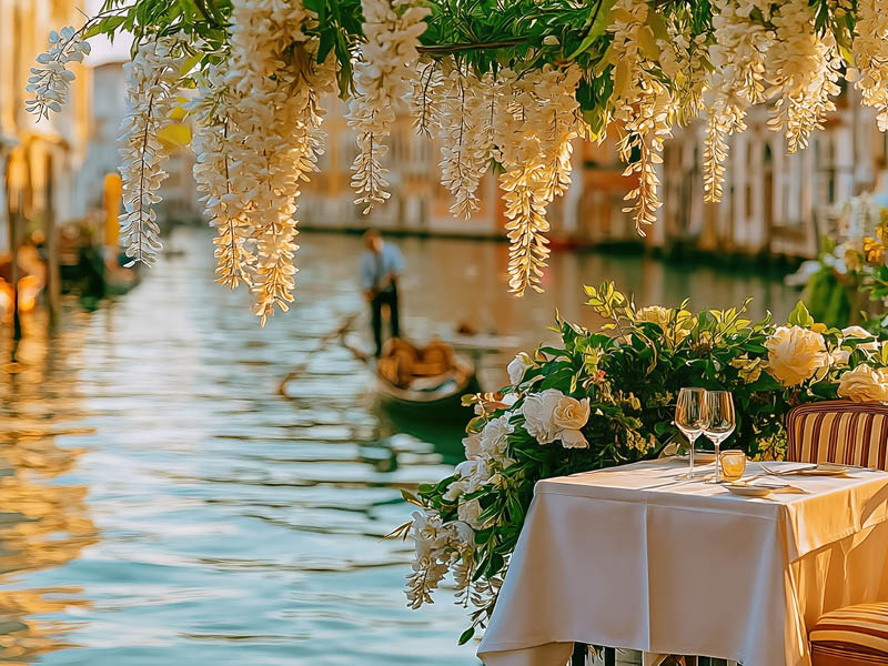Elegant Venice canal side restaurant terrace at golden hour. Canal occupies left and center of frame. Single refined table in lower right corner, clearly on solid terrace flooring, not over water. Minimalist styling: crisp white tablecloth, only two wine glasses, no plates, no centerpiece clutter. Striped wooden chairs. Lush green plants and cascading white wisteria hanging above. Foreground table and flowers tack sharp with rich detail. Gondola in middle distance, gondolier softly blurred but recognizable. Historic Venetian palazzi across canal strongly out of focus, creamy cinematic bokeh. No accidental foreground blur, no painterly smearing, no distorted buildings, no extra tables near water. Shot on Canon EOS R5, RF 50mm f/1.2L, 50mm, f/2.0, ISO 100, 1/1000s, 5400K daylight white balance, soft golden backlight. Premium editorial travel photography, authentic Venice atmosphere, natural colors, ultra realistic. --ar 16:9 --raw --sref https://s.mj.run/Qf47hINljeA --v 8.1 Job ID: a3903e30-702f-4cfc-bcf7-6a4b12ce1019
