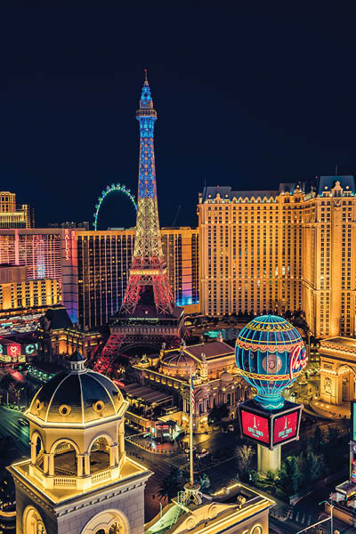 LAS VEGAS, USA - CIRCA JANUARY 2021 : Illuminated hotels and casinos by the strip at night, Nevada, USA