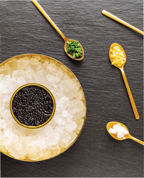 High quality real black sturgeon caviar in a metal golden box on crushed ice aside golden spoons with pickles, red onions, egg, and herbs on a slate background. Flat Lay. Top view.