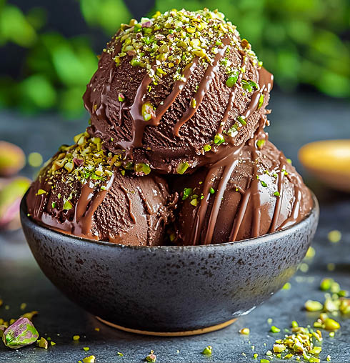 A scoop of chocolate ice cream sprinkled with pistachio nuts. Dubai chocolate ice cream