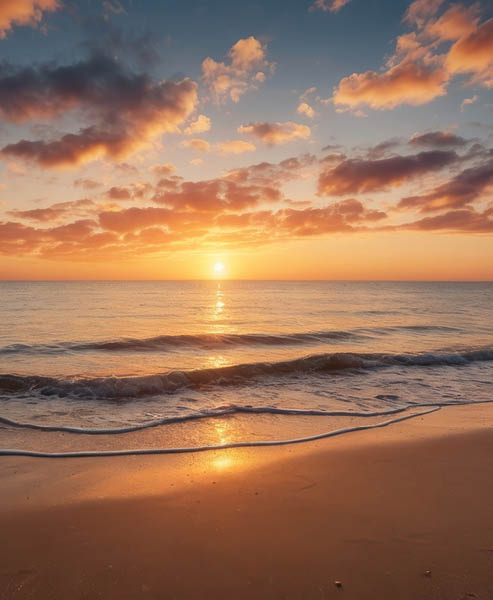 Golden sunset illuminating ocean waves crashing on a sandy beach with a colorful sky