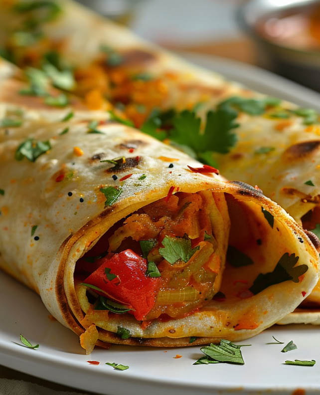 Close-up of a rolled roti with a filling of spiced vegetables, served on a white plate, garnished with fresh herbs
