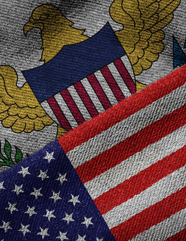 3D rendering of the flags of USA and United States Virgin Islands on woven fabric texture. US Virgin Islands is a U.S. territory. Detailed textile pattern and grunge theme.