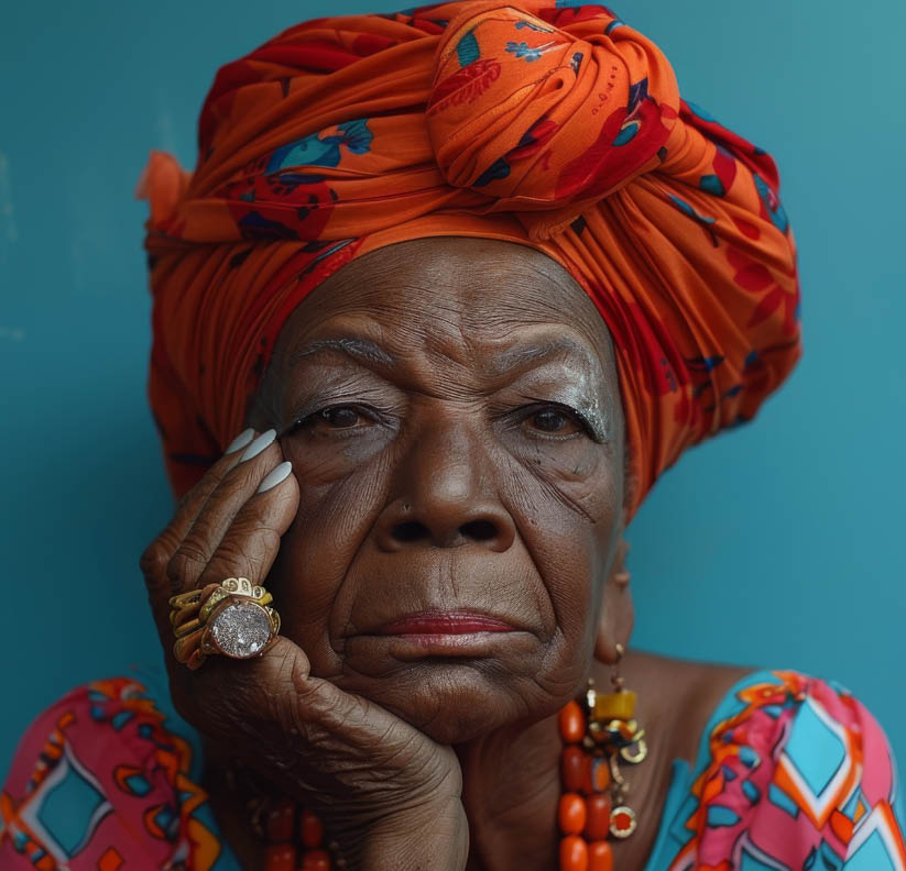 A woman wearing a colorful scarf and a ring with a large stone in the middle of it. She is looking down at the camera