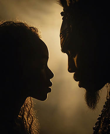 Silhouetted father and daughter facing each other.