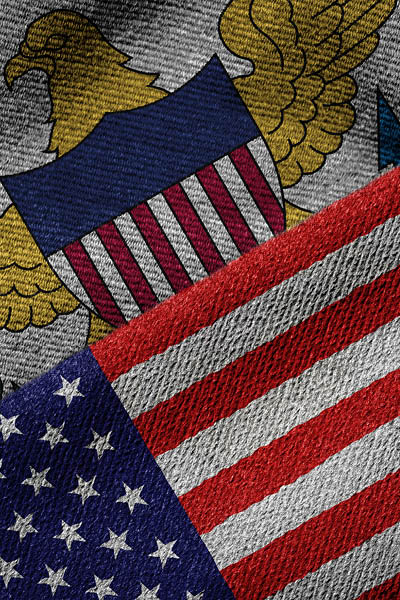 3D rendering of the flags of USA and United States Virgin Islands on woven fabric texture. US Virgin Islands is a U.S. territory. Detailed textile pattern and grunge theme.