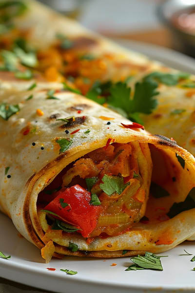 Close-up of a rolled roti with a filling of spiced vegetables, served on a white plate, garnished with fresh herbs