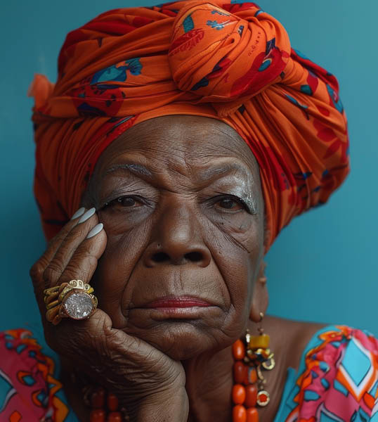 A woman wearing a colorful scarf and a ring with a large stone in the middle of it. She is looking down at the camera