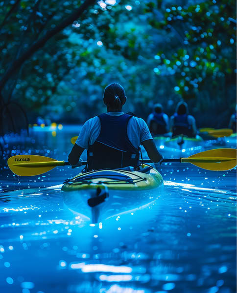 Adventurers paddle through bioluminescent waters at night, surrounded by dense foliage in a vibrant tropical rainforest. The serene atmosphere enhances this unique experience.
