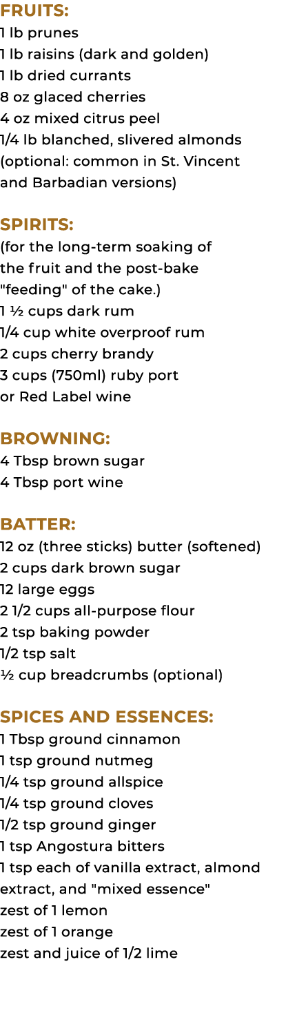 Fruits: 1 lb prunes 1 lb raisins (dark and golden) 1 lb dried currants 8 oz glaced cherries 4 oz mixed citrus peel 1/...