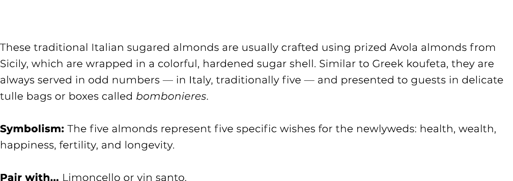 These traditional Italian sugared almonds are usually crafted using prized Avola almonds from Sicily, which are wrapp...