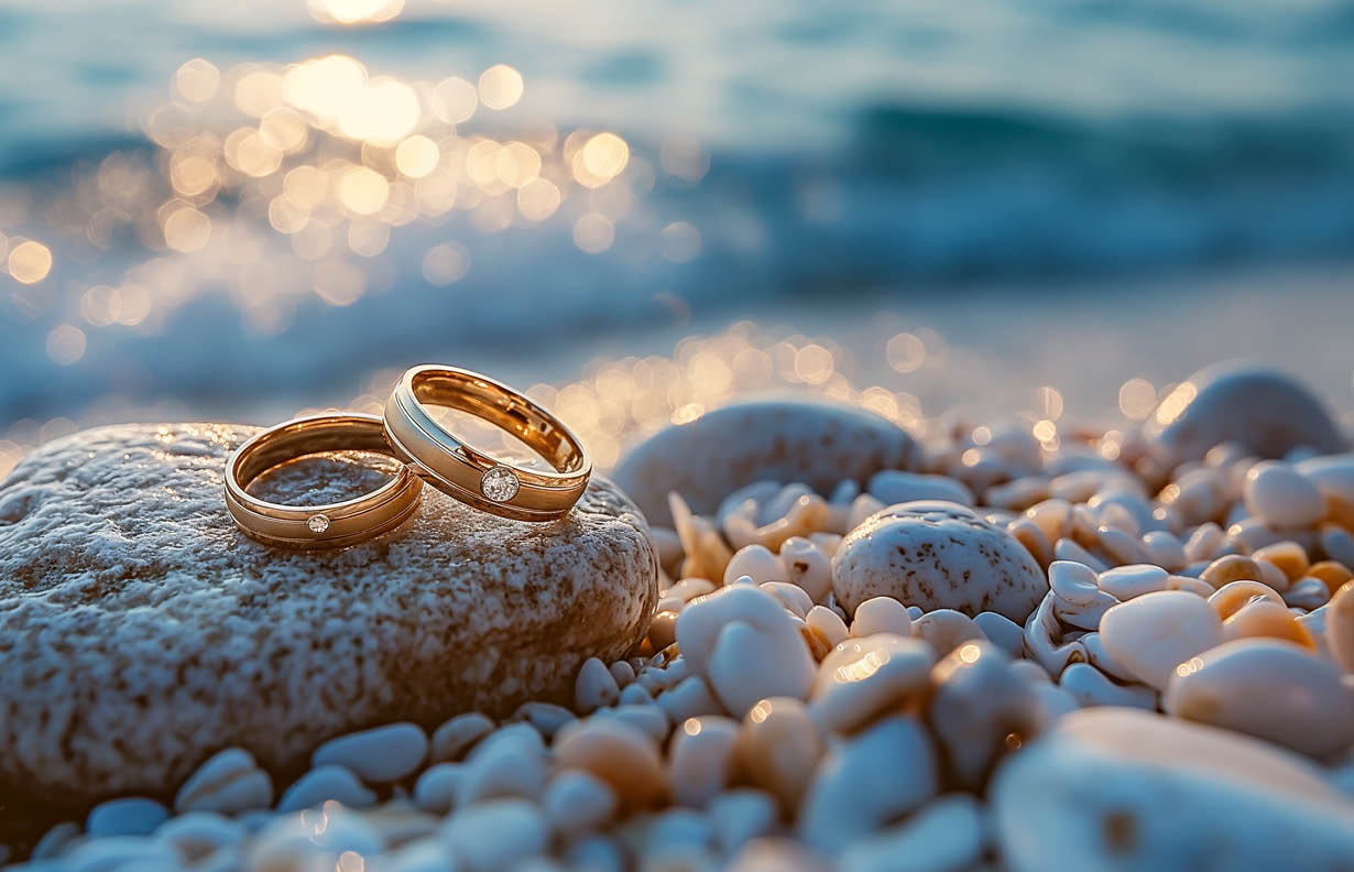 gold wedding rings on stone on the beach at sunshine