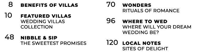  8 Benefits of Villas 10 Featured Villas Wedding villas collection 48 Nibble & Sip the sweetest promises 70 Wonders r...