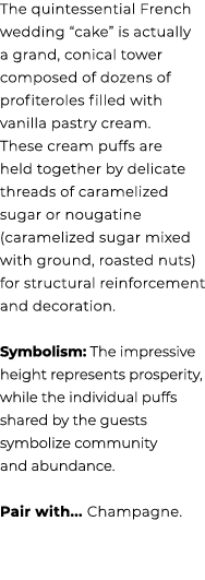 The quintessential French wedding “cake” is actually a grand, conical tower composed of dozens of profiteroles filled...