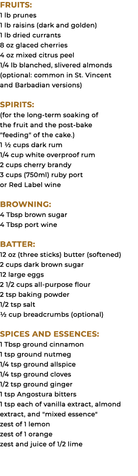 Fruits: 1 lb prunes 1 lb raisins (dark and golden) 1 lb dried currants 8 oz glaced cherries 4 oz mixed citrus peel 1/...