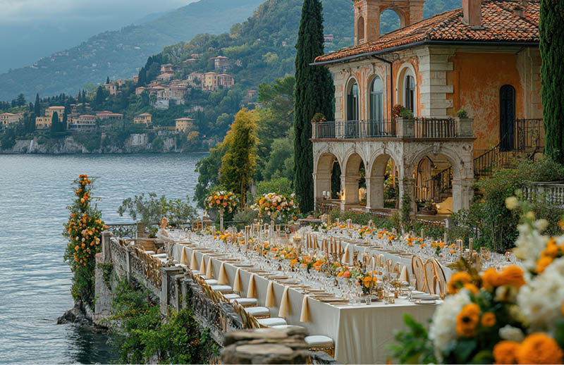 Bride and groom cutting a wedding cake at a reception by Lake Como.