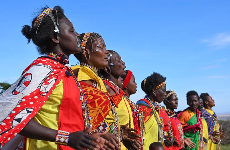 MAASAI MARA NATIONAL RESERVE, KENYA, AFRICA - NOVEMBER 11, 2022: People of Kenya. Group of Maasai women in traditional clothes and outfits singing a wedding song in a Maasai village in Kenya, Africa