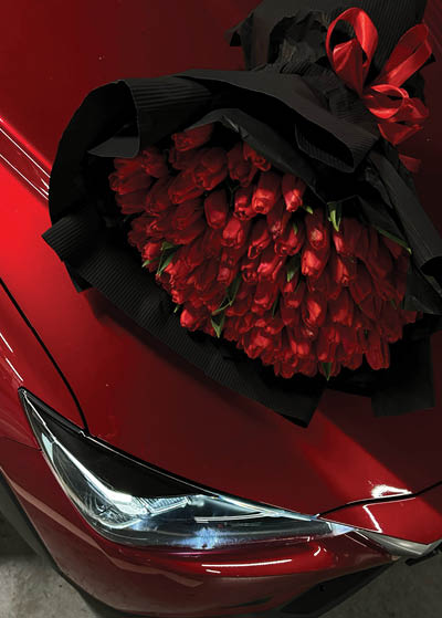 A large bouquet of bright red tulips on a red car